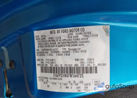 2007 Ford Focus S/Se/Ses из США, поврежденный, VIN 1FAFP31N47W164723